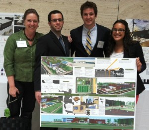 Mary Wilford-Hunt (left-right), Nicolas Olivares '13, Michael Gadigian '13, and Gabriela Lachapel '12 pose with their second-place project. Mary Wilford-Hunt (left-right), Nicolas Olivares '13, Michael Gadigian '13, and Gabriela Lachapel '12 pose with their second-place project.
