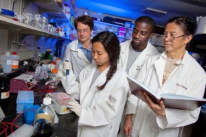 Tiffany Phuong ’16; Robert Kurt, associate professor and head of biology; Kofi Boateng ’16; and Chun Wai Liew, associate professor of computer science, work in the lab.