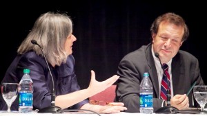 Panel moderator Wendy Hill, provost and dean of the faculty, speaks with Steven Poskanzer, president of Carleton College.