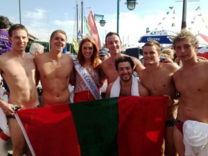 Team Phi Psi pose with Miss Connecticut after the SWIM: Steve Schappert ’14, Evan Newbold ’15, Miss Connecticut Kaitlyn Tarpey, Jamie Benson ’14, Matt Iassogna ’14, Joshua Hitchings ’14, and Nathan Witmer ’15. 