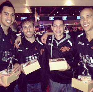 From left are American teammates Tai Wesley (Utah State), Ali Farokhmanesh (Northern Iowa), Tony Johnson ’13, and David Gonzalvez (Richmond).