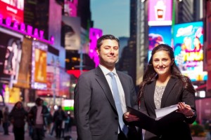 Sebastian Crapanzano ’97 and Samantha Druks ’14 in Times Square