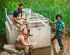 Hassaan Khan '13, Hannah Griesbach '13, and Leikune Aragaw '15 take a break from collecting water samples and computer data at Sullivan Park.