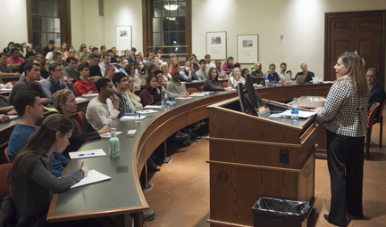 Barbara Brooks Kimmel '78  presents a lecture on corporate trust to students in the Industry, Strategy, and Policy course.