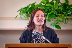 Professor Jennifer Talarico speaks behind a podium