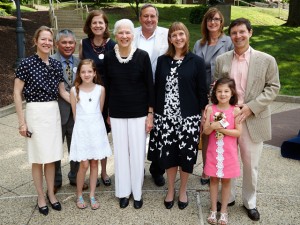 The College honored the Fleck family’s legacy of service at a ceremony marking the 10th anniversary of the Fleck Consistent Giving Society. Left to right are: Shelby Slayton; Thomas Pak; Avery Slayton; Meredith Fleck; Jane Fleck; Michael Whitman ’82, co-chair of the society; President Alison Byerly; Kim Spang, vice president for development and college relations; Charlotte Slayton; and Scott Slayton.