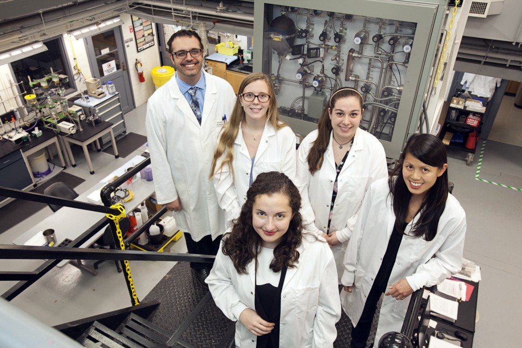 Members of the biodiesel team, Professor Michael Senra, Stephanie McCartney '17, Rachel Elias '17, Rebecca Miller '16 and Professor Lindsay Soh. 