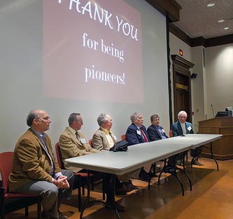 Faculty panel included (L-R) Robert Weiner, William R. Jones, David Hogenboom, Robert Chase, Rado Pribic, and Edward McDonald.