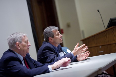 Professor Rado Pribic talks with reunion attendees.