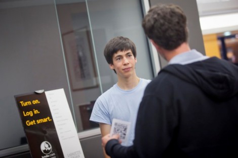 Ben Nitkin '15 speaks with Jason Alley, instructional technologist, about QR codes.
