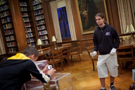 Daniel Robitzsk '15 poses with the sword. 