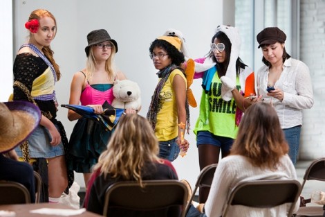 Alissa Coffey '12, from left, Samantha Smith '12, Ivy DeWitt '14, Jasmine Jay, '14, and Rachael Richtberg '13 serve as live prompts to inspire the writers.