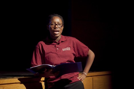 Students, faculty, and staff staged a performance in the Williams Center of the Arts for The Laramie Project, a play about the reaction to the 1998 murder of gay University of Wyoming student Matthew Shepard in Laramie, Wyo.