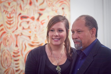 Curator Anna Schaefer and Curlee Holton, Roth Professor of Art and director of the Experimental Printmaking Institute, view the exhibit.