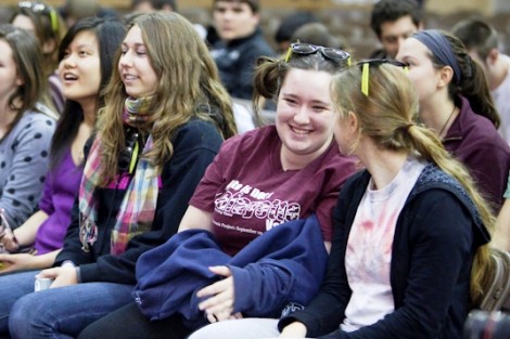 Students laugh during the show.