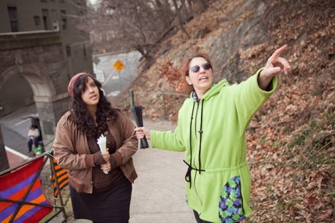 Event organizer Susan Huxley, right, and volunteer Kara Rosa plan out their course of action.
