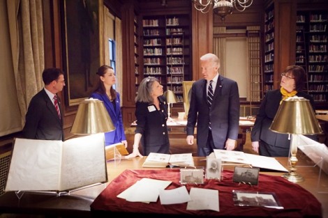 President Daniel H. Weiss, l-r; Caroline Lang '13, Student Government president; Leslie Muhlfelder, vice president for human resources and general counsel; Vice President Joe Biden; and Diane Shaw, director of special collections and College archivist, in Kirby Library.