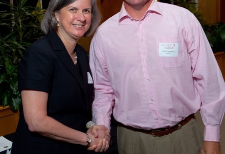 Provost Wendy Hill with Michael Statham, head coach of women’s soccer, who received the Maroon Club Athletic Staff Achievement Award
