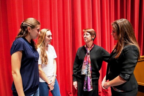 Mary Gallagher, the 2012-13 Closs Visiting Writer-in-Residence, talks with cast members Taryn Quaytman '16, left, and Liza Fryman '16, and director Dana Pardini '12.
