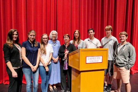 Mary Gallagher, the 2012-13 Closs Visiting Writer-in-Residence, meets with the cast of Lafayette's production of 'Dog Eat Dog.'