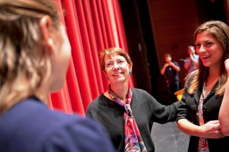 Mary Gallagher, the 2012-13 Closs Visiting Writer-in-Residence, meets with members of the cast and director Dana Pardini '12