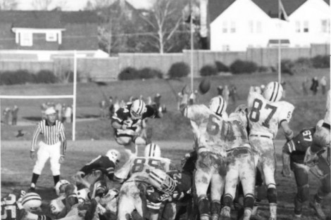 Rick Nowell '71 (84) kicks the field goal that beat Lehigh in 1970.