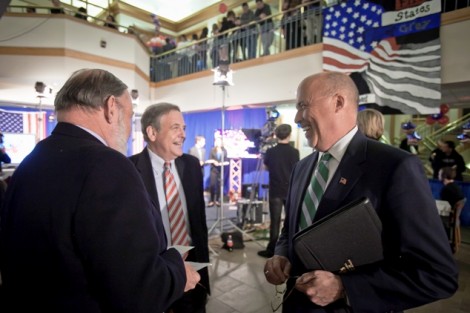 Jim Lennertz, l-r, associate professor of government and law, Pennsylvania State Representative Robert Freeman, and Northampton County Judge Craig Dally ’78 prepare for a segment on redistricting and gerrymandering.