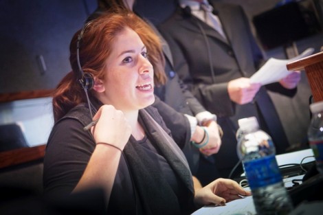 Producer Austin Denesuk '14 works inside the production truck.