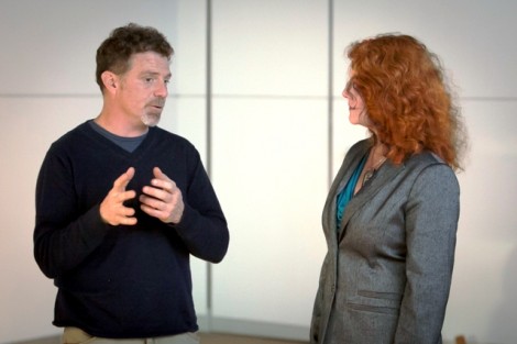 Jim Toia, director of Lafayette’s Community Arts Program, speaks with Jennifer Kelly, assistant professor of music.