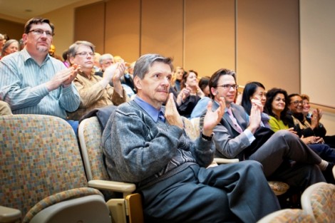 Members of the faculty welcome Alison Byerly during a reception in Oechsle Hall.