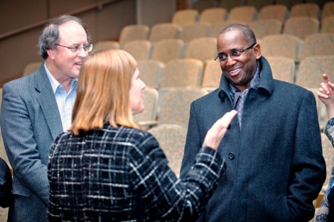 The president elect speaks with Andrew Dougherty, left, associate professor and head of physics, and Ian Smith, professor of English.