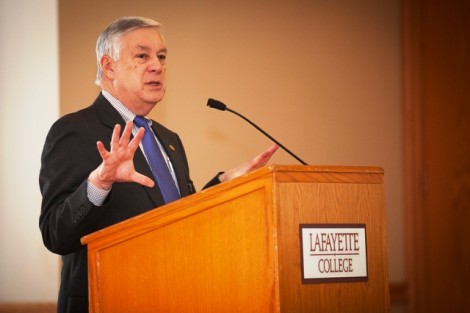 Edward W Ahart ’69, chair of the Board of Trustees, introduces President-Elect Alison Byerly to staff and administrators.