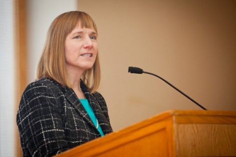 The president elect introduces herself to staff members during a reception in the Marlo Room. 