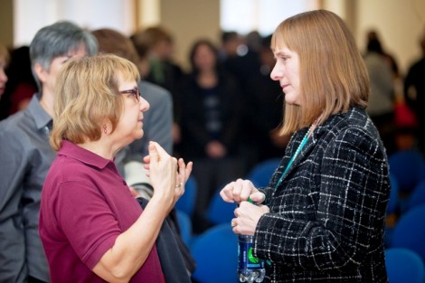 Alison Byerly meets with staff and administrators. 
