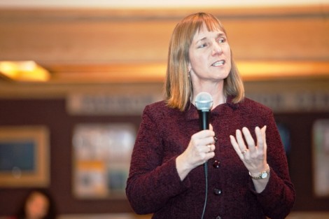 President-Elect Alison Byerly fields questions from students.