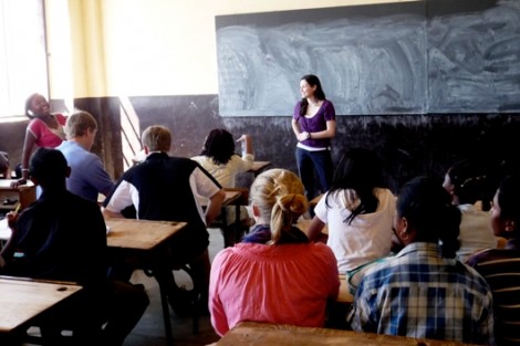 Heather Hughes '15 goes over SAT reading homework. 