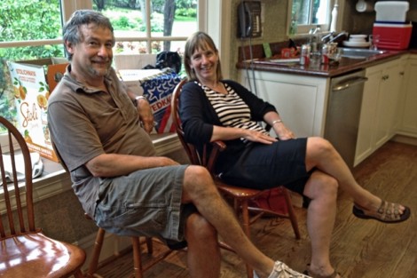 President Alison Byerly relaxes at home with her husband, Stephen Jensen, before coming to campus for her first official day.