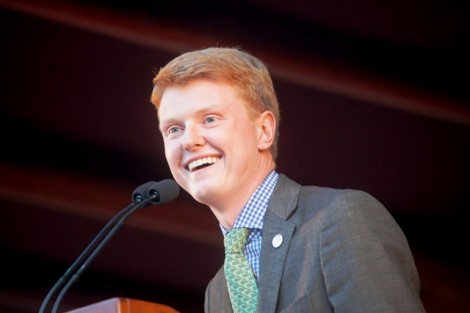 Michael Prisco ’14, president of Student Government, welcomes the Class of 2017.