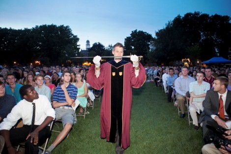 Paul McLoughlin, dean of students, shows the sword of the Marquis de Lafayette.