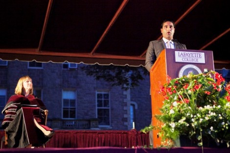 President Alison Byerly listens to Alex Karapetian ’04, president-elect of the Alumni Association.