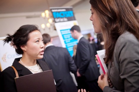 Policy studies and French double major Susanna Kim ’15, left, speaks with Chandler Cornwell '14, a double major in government & law and English.