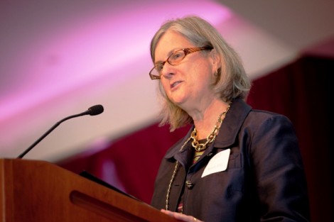 Provost Wendy Hill introduces the inaugural luncheon speaker Jay Parini '70.