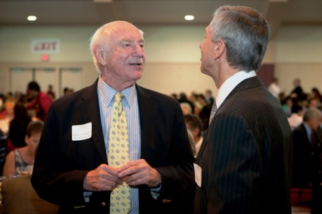 President Emeritus Arthur Rothkopf '55 talks with Vice Chair of the Board of Trustees Stephen Pryor '71.