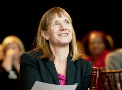 President Alison Byerly has a laugh during the inaugural dinner in Kirby Sports Center.