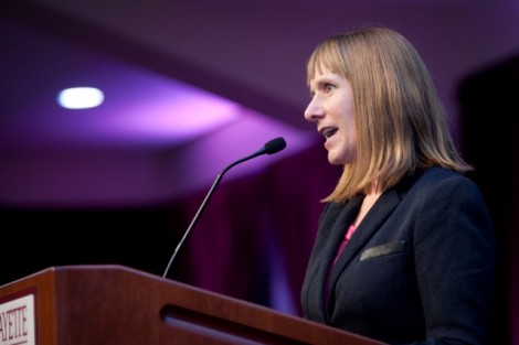President Alison Byerly speaks during the inaugural dinner in Kirby Sports Center.