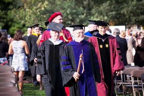 David Ellis, president emeritus of Lafayette, marched at the head of the delegates from colleges and universities.