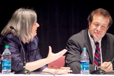 Panel moderator Wendy Hill, provost and dean of the faculty, speaks with Steven Poskanzer, president of Carleton College.