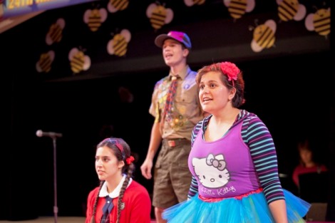 From left: Aleni Mackarey ’16 as Marcy Park, Ryan Raesly ’15 as Chip Tolentino, Samantha Meyerson ’15 as Logainne Schwartzandgrubenniere