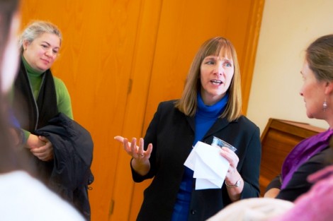 President Alison Byerly speaks with students and families. 