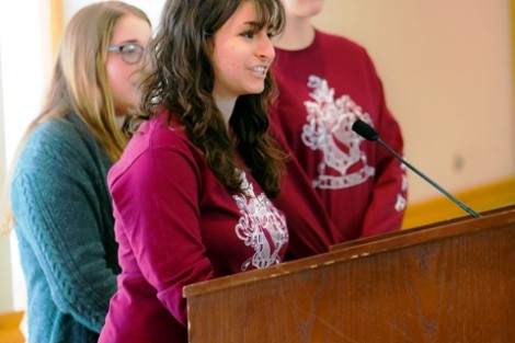 Rachel Vengalia ’14, chair of the Family Weekend Committee, introduces President Alison Byerly.